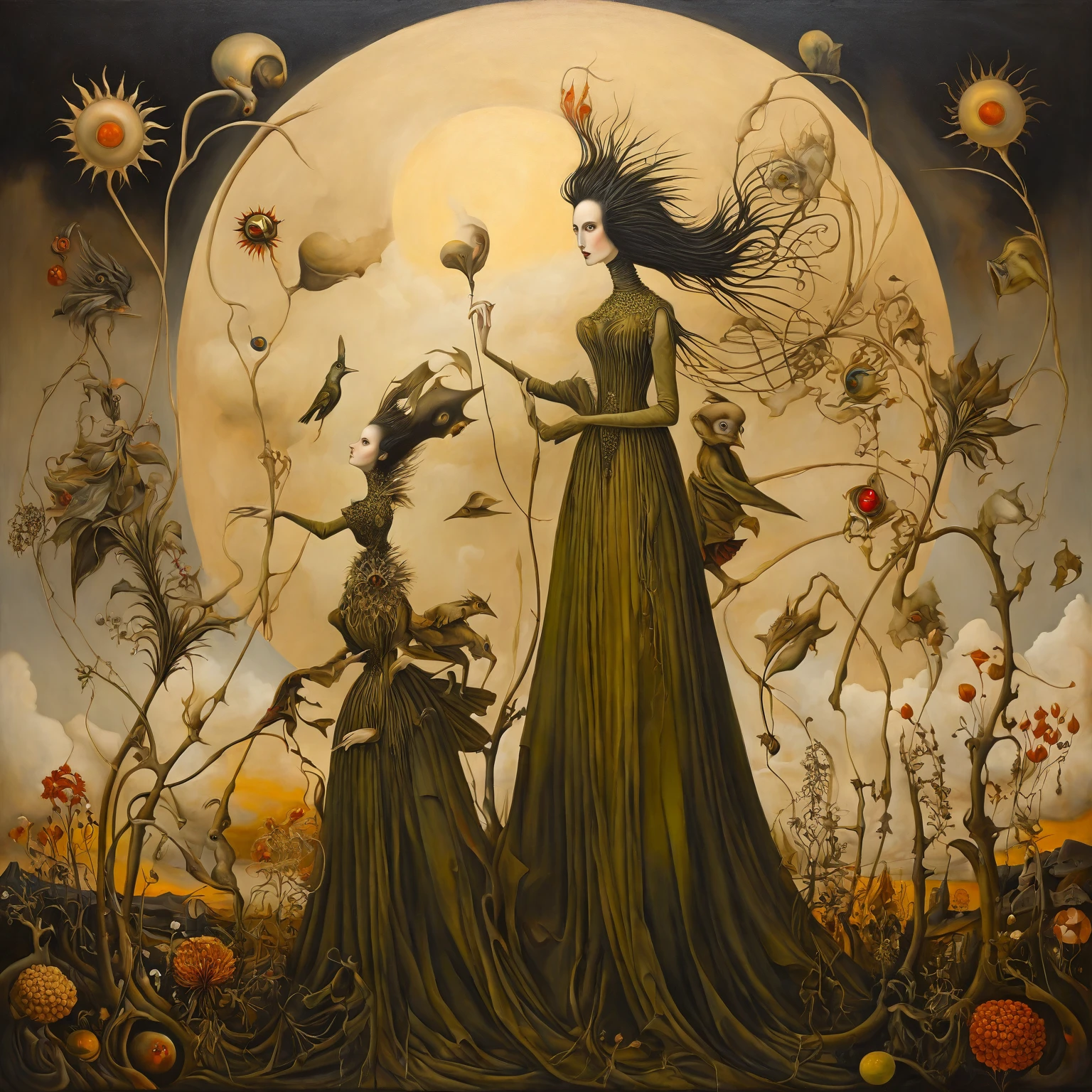 painting in the style of aesthetic surrealism, combination of technique, palette, styles of Leonora Carrington, Michael Parkes, Aubrey Beardsley, Esao Andrews, surrealist scene Mother Nature in a dress made of plants, flowers, bright light, aesthetic, beautiful, soft lighting, wide angle lens, fluffy clouds. Aesthetic surrealism, oil painting, golden sepia, green outline of canvas details, bizarre contrast, intricate details, Surreal & Vibrant geometric shapes, primary colors, intersecting lines, balanced composition, mysterious atmosphere, enigmatic expression, intricate patterns, surreal elements, oil painting technique, meticulous brushwork, dynamic movement, symbolic train departure, surrealistic twist, fusion of styles, masterful execution