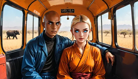 (((girl and man sitting on a bus))),(((girl in blue zipped up down winter jacket and black turtleneck )) and (jeans) and black g...