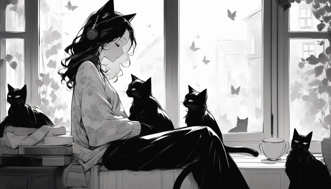 Beautiful woman relaxing by the window and listening to music，Black and white cats snuggling together