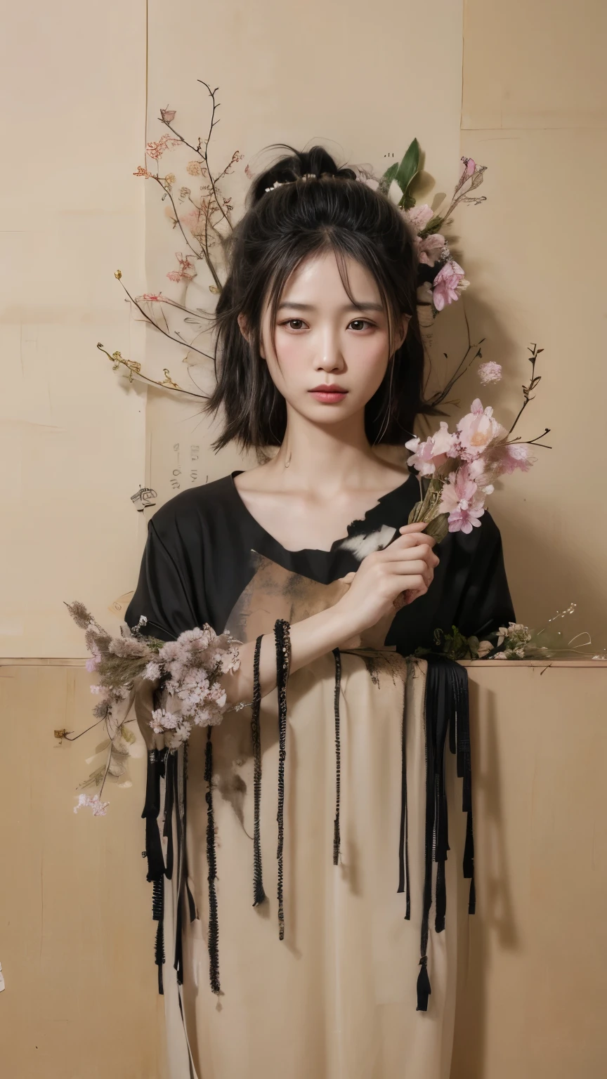 asian woman, pretty face, Black tone, Wabi-sabi art, illustration, painting, Parchment art, abstract , flower punk, Surrealist works, Free of charge