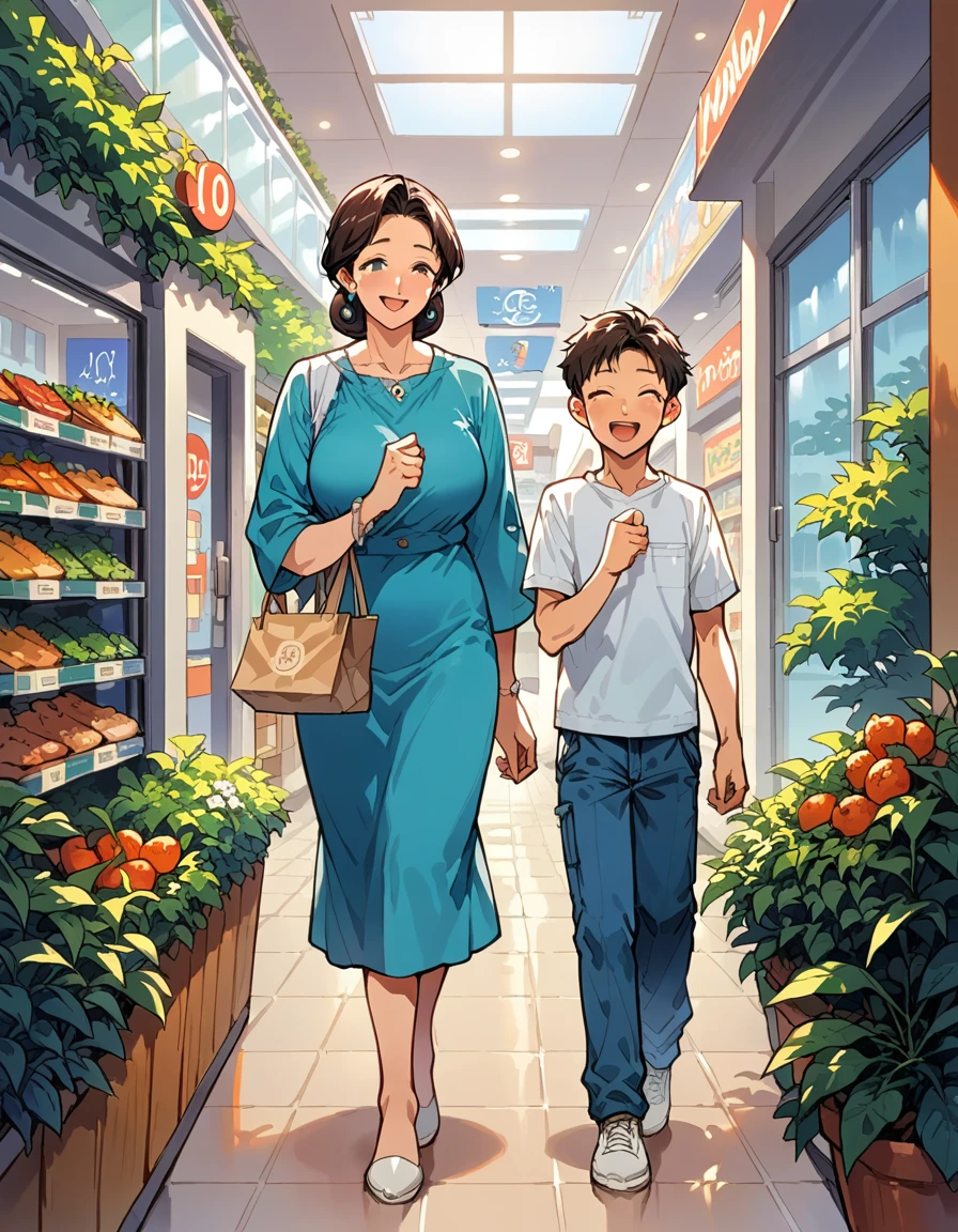 score_9, score_8_up, score_7_up, source_anime, 1boy, 1girl, mature female, nature male, mother and son,, smile, happy, son takes mother to shop in the mall which is surrounded by people.  Focusing on son and mother , full body, walking alongside 