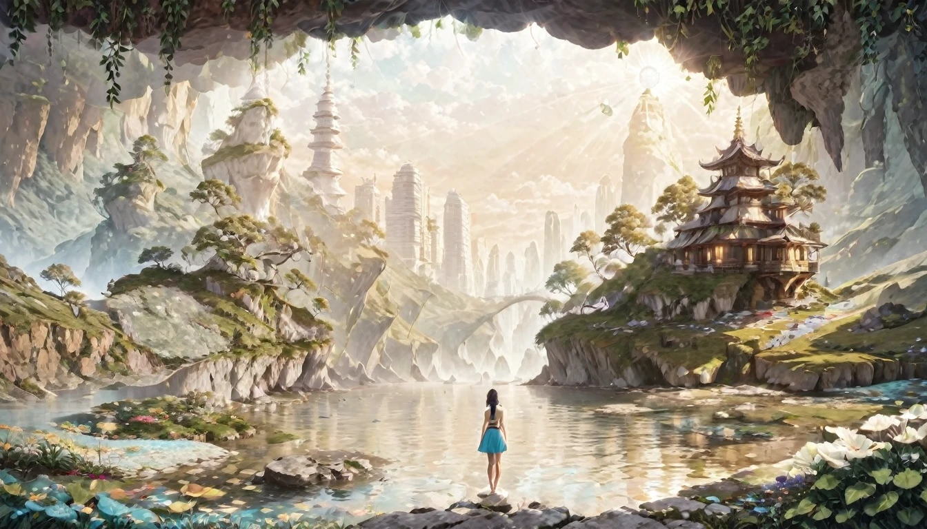 Namaste. Person meditating. Loose Clothes. Beautiful landscape of an enchanting valley. dream world. Symbols of nature. Feeling of Fullness. details Intricate. cinematic lighting