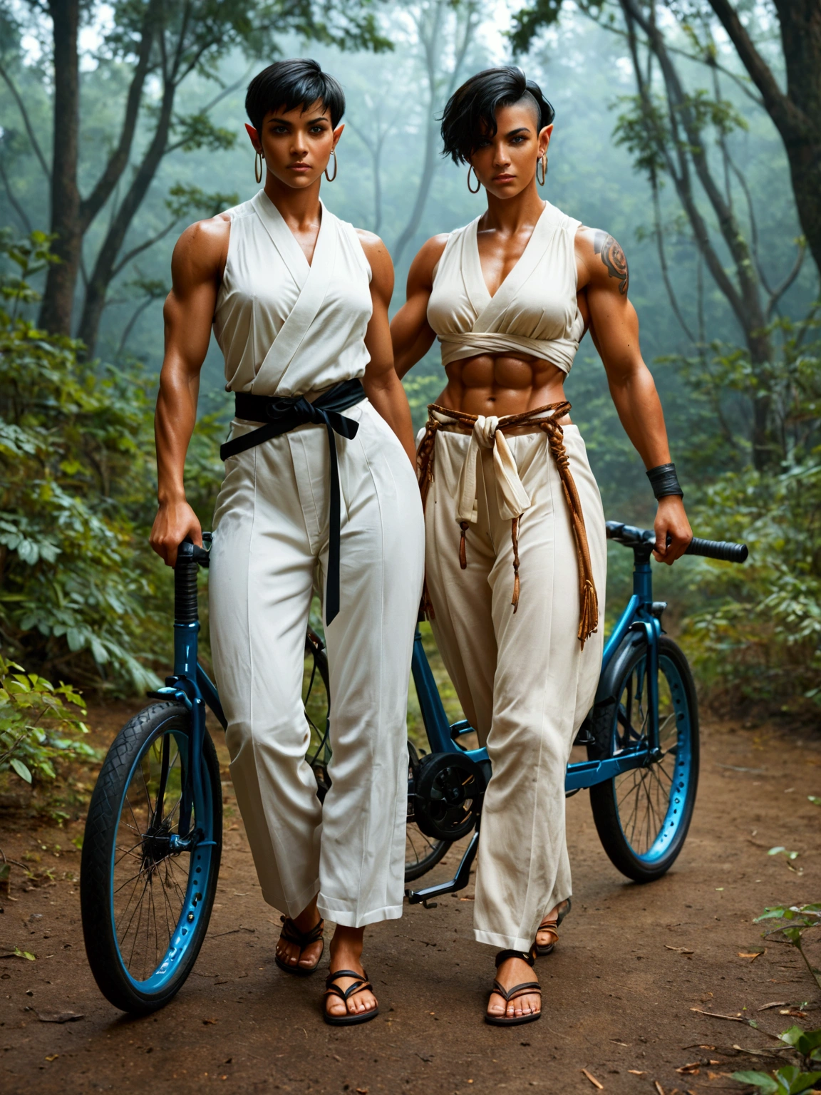 A dark-skinned, muscular female with pointy ears, facial tattoo, and hoop earrings, dual-wielding a sword and knife.
Background: A deep blue background with hints of orange, yellow, and blue sky, creating a sense of mystery and adventure.
Supporting character: A cyborg with a pixie cut, dressed in a white martial arts gi and black belt, standing beside a bicycle in an ancient enchanted forest.
Branding type: Sci-Fi, Action
Tagline: "Fight for the Future"
Visual style: A blend of futuristic and ancient elements, with a mix of dark and vibrant colors, and intricate patterns, reminiscent of 80's sci-fi movies.