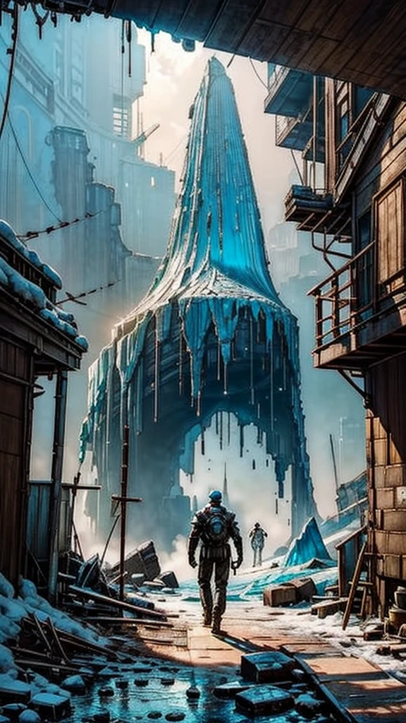 A man，Cyberpunk, Mechanical, shattered, There is a photo of a very large iceberg, Cyberpunk, Mechanical, shattered, heavy snow, Dungeon Background, Icicles background, Arena Background, Game Background, Dark cave background,