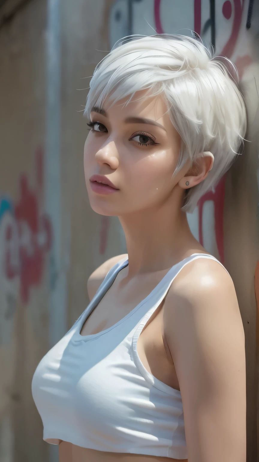 masterpiece, best quality, very detailed, 8k, realistic, one girl, alone, minx, very detailed face, (Headshots:1.5), Standing in front of a wall covered in hip-hop graffiti, Pixie cut white hair, He is wearing a short tank top..,I see your heart,nice ass,