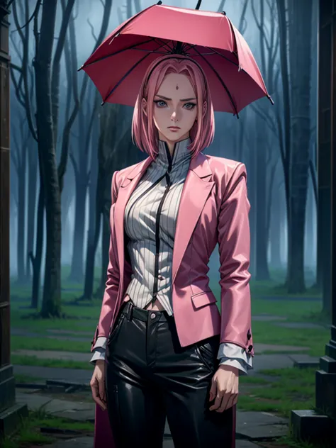 cornelia, beautiful pink hair woman sakura h is shown to have a sexy figure. she is wearing a  mafia attire , jewelry, holding a...