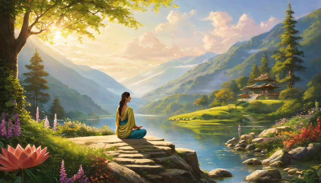 Namaste. Person meditating. Loose Clothes. Beautiful landscape of an enchanting valley. dream world. Symbols of nature. Sense of vastness. details Intricate. cinematic lighting