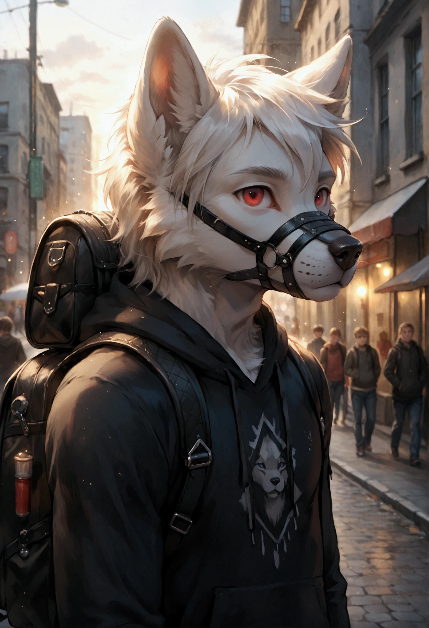 fur, soft lighting, solo, humanoid male wolf, muzzle, white body, short white hair, cheerful face, smooth fur, red eyes, slim figure, slightly skinny, front view, muzzle , detailed background, outdoor, light particles, muzzle, wolf, male, wolf boy, adorable, skinny, black hoodie, posing for photo, wearing muzzle, backpack, street street