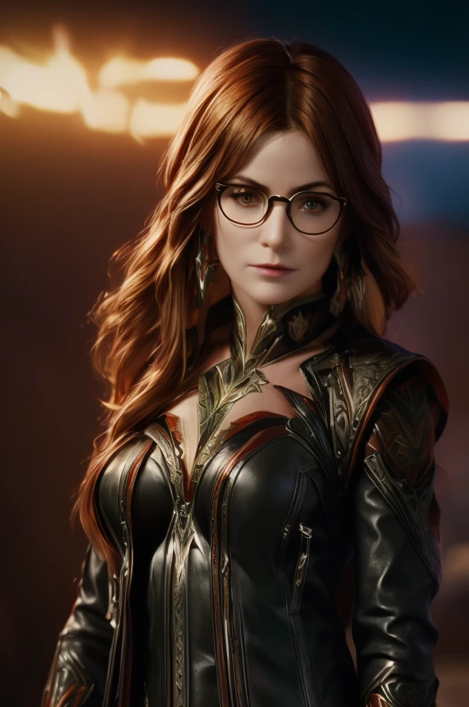 A adult girl in realistic portrait of high quality and detail, redhead girl, medium breast, movie style, She is wearing a black leather motorcycle jacket, leather trousers and red rectangular glasses, She's standing in the street. Mexico city on background, Mavuika from Genshin Impact, fine face, dark fantasy, ashes fall from the sky, flame aura from her, dark and mysterious atmosphere, looking at viewer, (ultra-high detail:1.2), Masterpiece, Best Quality, Ultra-detailed, Cinematic lighting, 8K, delicate features, cinematic, 35 mm lens, f/1.9, highlight lighting, global lighting –uplight –v 4, cinematic, intense gaze, Cinematic lighting, 8K, high quality, Highest Quality, (Solo Focus), (extremly intricate:1.3), (Realistic), dramatic, masterful, Analog style, (Film grain:1.5), (warm hue, cold tone), a close up of a person surrounded, destruction behind back, (masterpiece), (extremely complex: 1.3),, (realistic), Portrait photo of a girl, the most beautiful in the world, (medieval armor), metallic reflections, upper body, Outdoors, Bright sunlight, Distant castle, Professional photography of a stunning and detailed woman, clear focus, spectacular, award-winning, cinematic lighting, Octane rendering, unreal engine, DTX volumetric (film grain, sideways, blurred foreground, blurred background),