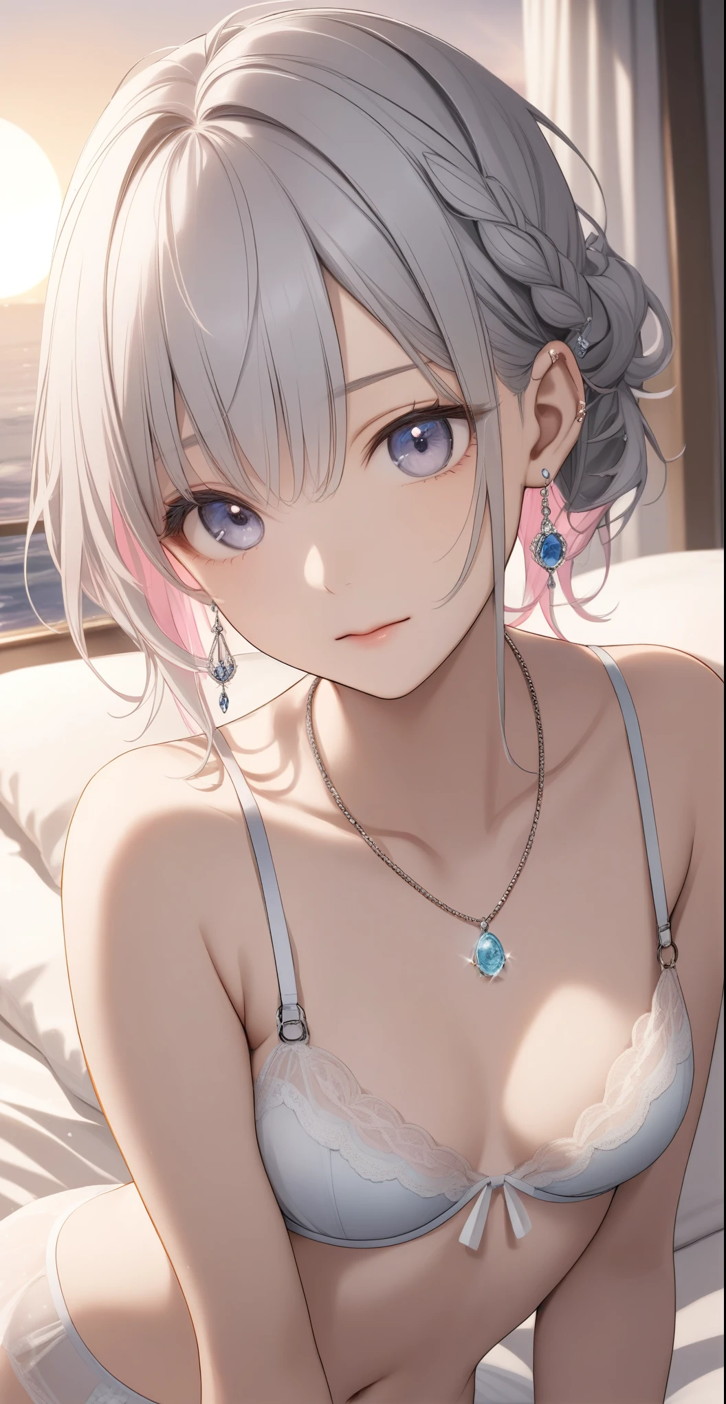 one,The cutest  girl、((7 heads))、((Earrings ,necklace、ring))、(Set as a bra、Low-rise underwear)、(Silver hair color、A hairstyle with a light pink inner color), Beautiful Hair, Facial Contour, Remember, Hotel、Bed、moonlight、splash, Lens flare,, Natural Color, High resolution, Very delicate, Very detailed, 8k,、Shyness,((Sexual))、Top view angle、Disheveled appearance