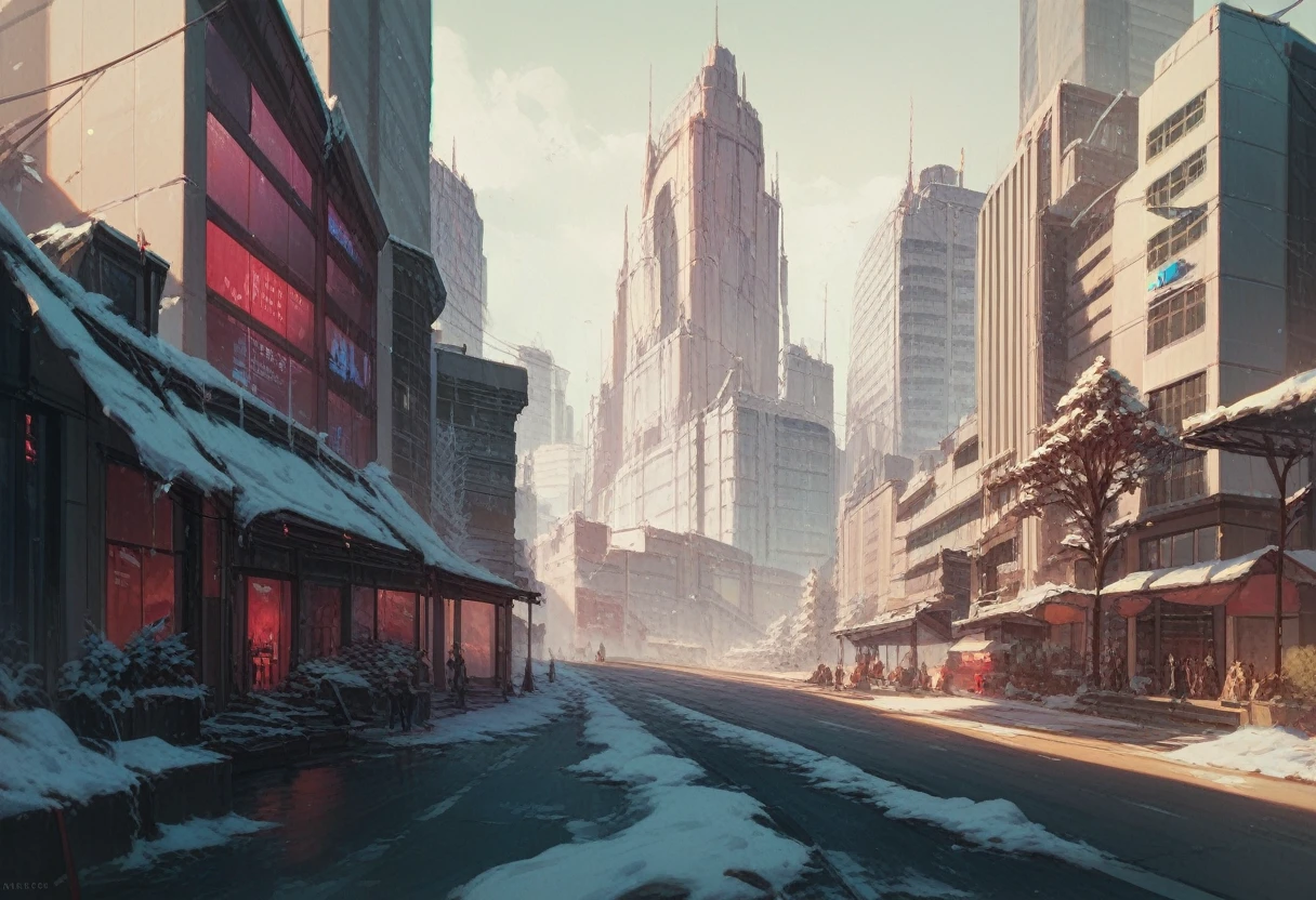 City with futuristic aesthetics, Big buildings and simple houses with a bit of nature, a layer of snow, without people in the foreground. Final conceptual drawing design 