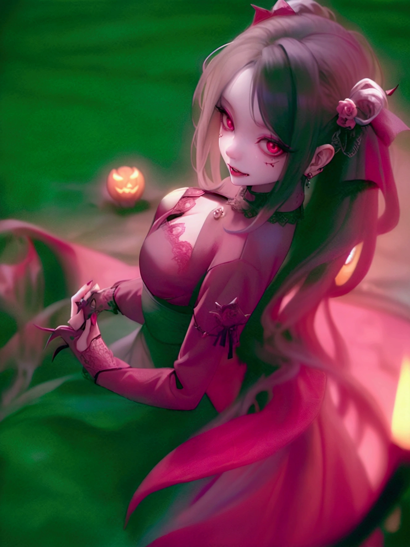 “Create a highly detailed and realistic 3D image of a beautiful woman dressed as a vampire for Halloween. Her skin is pale and smooth, with lifelike textures and subtle shadows. She has long, sharp fangs prominently visible, giving her an eerie yet alluring appearance. Her hair is dark, flowing, and meticulously detailed, with each strand clearly defined. She is wearing a gothic, elegant outfit featuring a deep red velvet dress, black lace accents, and silver jewelry, all designed with intricate details.

The image is captured from above using a fisheye lens, creating a dynamic and slightly distorted perspective. The woman is in a lively, celebratory pose, perhaps dancing or playfully baring her fangs. The background is dimly lit with soft, atmospheric lighting that enhances the spooky, Halloween-themed setting.”