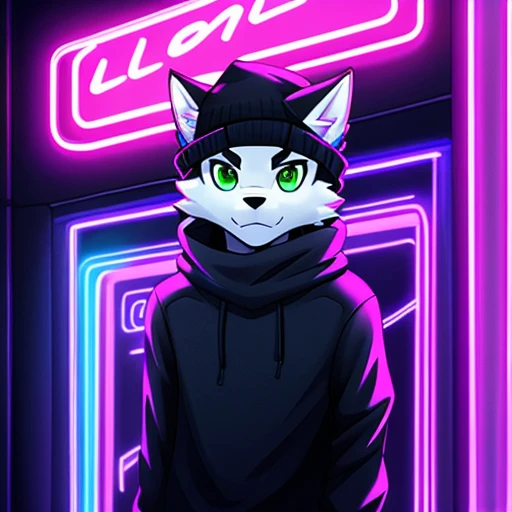 personality、رجلy people、Frey、teenager、Black and white fur、Black sweater with winter hat、green eyes、wolf、ذيل الwolf、clarification、black pants neon lights,Modern neon lights,neon LED