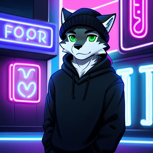 personality、رجلy people、Frey、teenager、Black and white fur、Black sweater with winter hat、green eyes、wolf、ذيل الwolf、clarification、black pants neon lights,Modern neon lights,neon LED