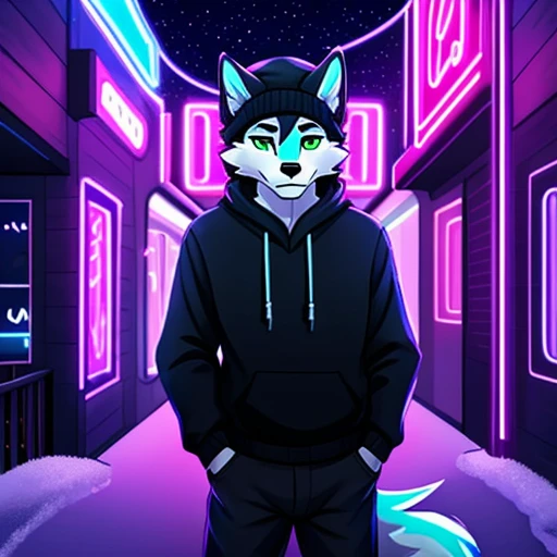 personality、رجلy people、Frey、teenager、Black and white fur、Black sweater with winter hat、green eyes、wolf、ذيل الwolf、clarification、black pants neon lights,Modern neon lights,neon LED