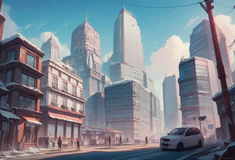 city with futuristic aesthetics, big buildings and simple houses with a bit of nature, a layer of snow, without people in the fo...