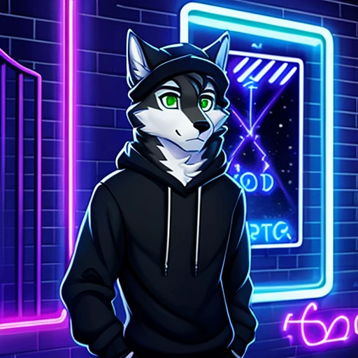 personality、رجلy people、Frey、teenager、Black and white fur、Black sweater with winter hat、green eyes、wolf、ذيل الwolf、clarification、black pants neon lights,Modern neon lights,neon LED