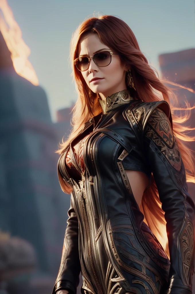 A adult girl in realistic portrait of high quality and detail, redhead girl, medium breast, movie style, aztec style, hooked nose, tanned skin, She is wearing a black leather motorcycle jacket, leather trousers and red rectangular glasses, She's standing in the street. Mexico city on background, Mavuika from Genshin Impact, fine face, dark fantasy, ashes fall from the sky, flame aura from her, dark and mysterious atmosphere, looking at viewer, (ultra-high detail:1.2), Masterpiece, Best Quality, Ultra-detailed, Cinematic lighting, 8K, delicate features, cinematic, 35 mm lens, f/1.9, highlight lighting, global lighting –uplight –v 4, cinematic, intense gaze, Cinematic lighting, 8K, high quality, Highest Quality, (Solo Focus), (extremly intricate:1.3), (Realistic), dramatic, masterful, Analog style, (Film grain:1.5), (warm hue, cold tone), a close up of a person surrounded, destruction behind back, (masterpiece), (extremely complex: 1.3),, (realistic), Portrait photo of a girl, the most beautiful in the world, (medieval armor), metallic reflections, upper body, Outdoors, Bright sunlight, Distant castle, Professional photography of a stunning and detailed woman, clear focus, spectacular, award-winning, cinematic lighting, Octane rendering, unreal engine, DTX volumetric (film grain, sideways, blurred foreground, blurred background),