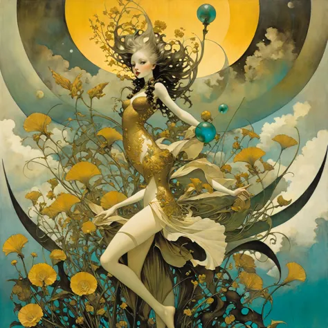 an aesthetic surrealism painting, a fusion of techniques, palettes, styles by dave mckean, michael parkes, aubrey beardsley, leo...