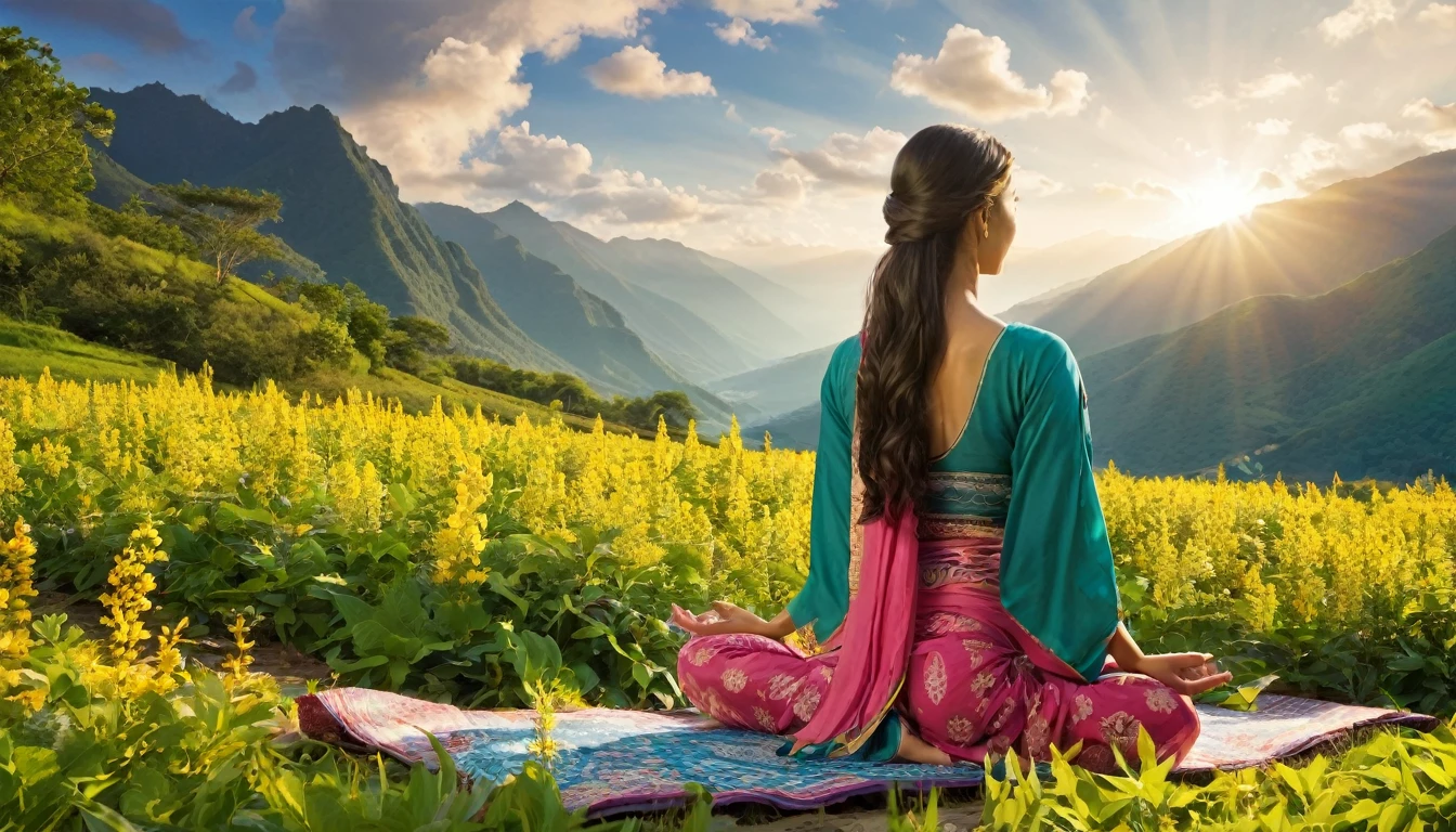 Namaste. Person meditating. Loose Clothes. Beautiful landscape of an enchanting valley. dream world. Symbols of nature. Sense of vastness. details Intricate. cinematic lighting