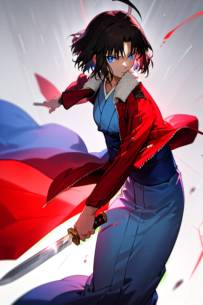 best quality, masterpiece, highres, solo, (dynamic angle), (cool), Ryougi Shiki, (short hair, ahoge, red jacket, blue eyes, blue kimono, open clothes, fur trim), wield a knife at viewer, red moon, rain_blood rain, perfect anatomy, perfect proportion, noise removal