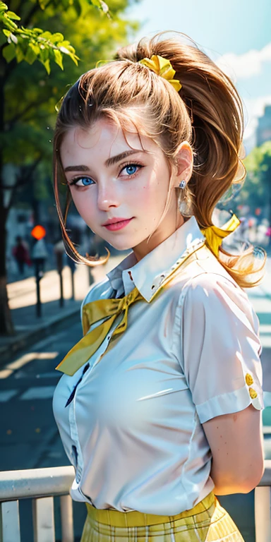 Photo of a  European girl, .RAW, beautiful woman, (Light brown hair with ponytail hairstyle holding hair with yellow ribbon) Light brown hair, ponytail and a yellow ribbon, freckles on cheeks , blue eyes , lindos blue eyes, Nice smile  ,((portrait)), ((detailed face:1.2)), ((detailed facial features)), (finely detailed skin), Pale skin,park, london ferris wheel、white short sleeve shirt with a rose  , medium breasts , yellow skirt with checkered images , yellow skirt with plaid patterns, Black loafers , long white socks 、a sexy one(cool color), humid, humid, Reflectors, (Tabletop) (perfect proportions)(Realistic photos)(The best quality) (detailed) photographed with a Canon EOS R5, 50mm lens, f/2.8, NffSW, (8k) (wallpaper) (cinematic lighting) (Dramatic lighting) (sharp focus) (Convoluted) , modelo adolescente 16 años , pecas en la cara , alegre