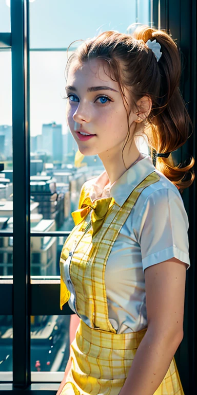 Photo of a  European girl, .RAW, beautiful woman, (Light brown hair with ponytail hairstyle holding hair with yellow ribbon) Light brown hair, ponytail and a yellow ribbon, freckles on cheeks , blue eyes , lindos blue eyes, Nice smile  ,((portrait)), ((detailed face:1.2)), ((detailed facial features)), (finely detailed skin), Pale skin,park, london ferris wheel、white short sleeve shirt with a rose  , medium breasts , yellow skirt with checkered images , yellow skirt with plaid patterns, Black loafers , long white socks 、a sexy one(cool color), humid, humid, Reflectors, (Tabletop) (perfect proportions)(Realistic photos)(The best quality) (detailed) photographed with a Canon EOS R5, 50mm lens, f/2.8, NffSW, (8k) (wallpaper) (cinematic lighting) (Dramatic lighting) (sharp focus) (Convoluted) , modelo adolescente 16 años , pecas en la cara , alegre