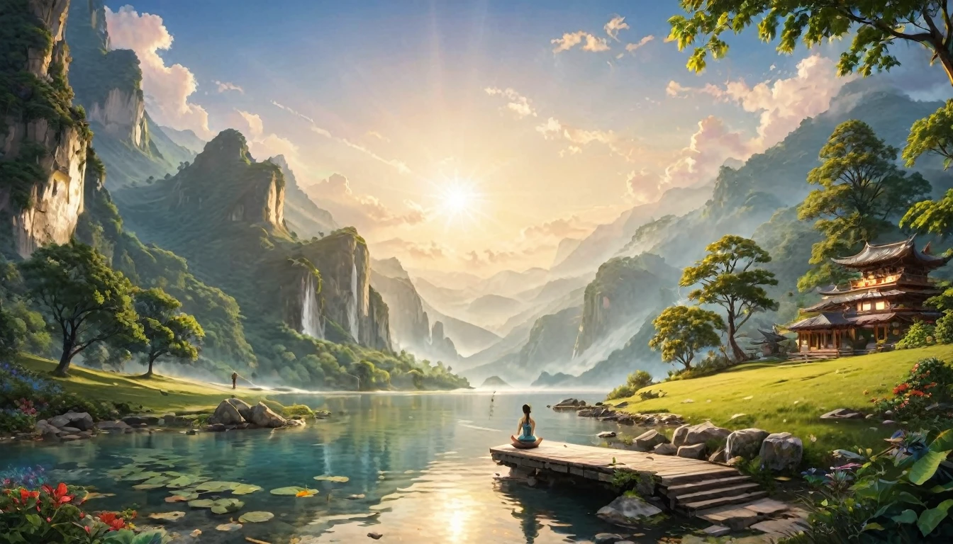 Namaste. Person meditating. Loose Clothes. Beautiful landscape of an enchanting valley. Mystical and dreamlike world. Symbols of nature. Sense of vastness. details Intricate. cinematic lighting