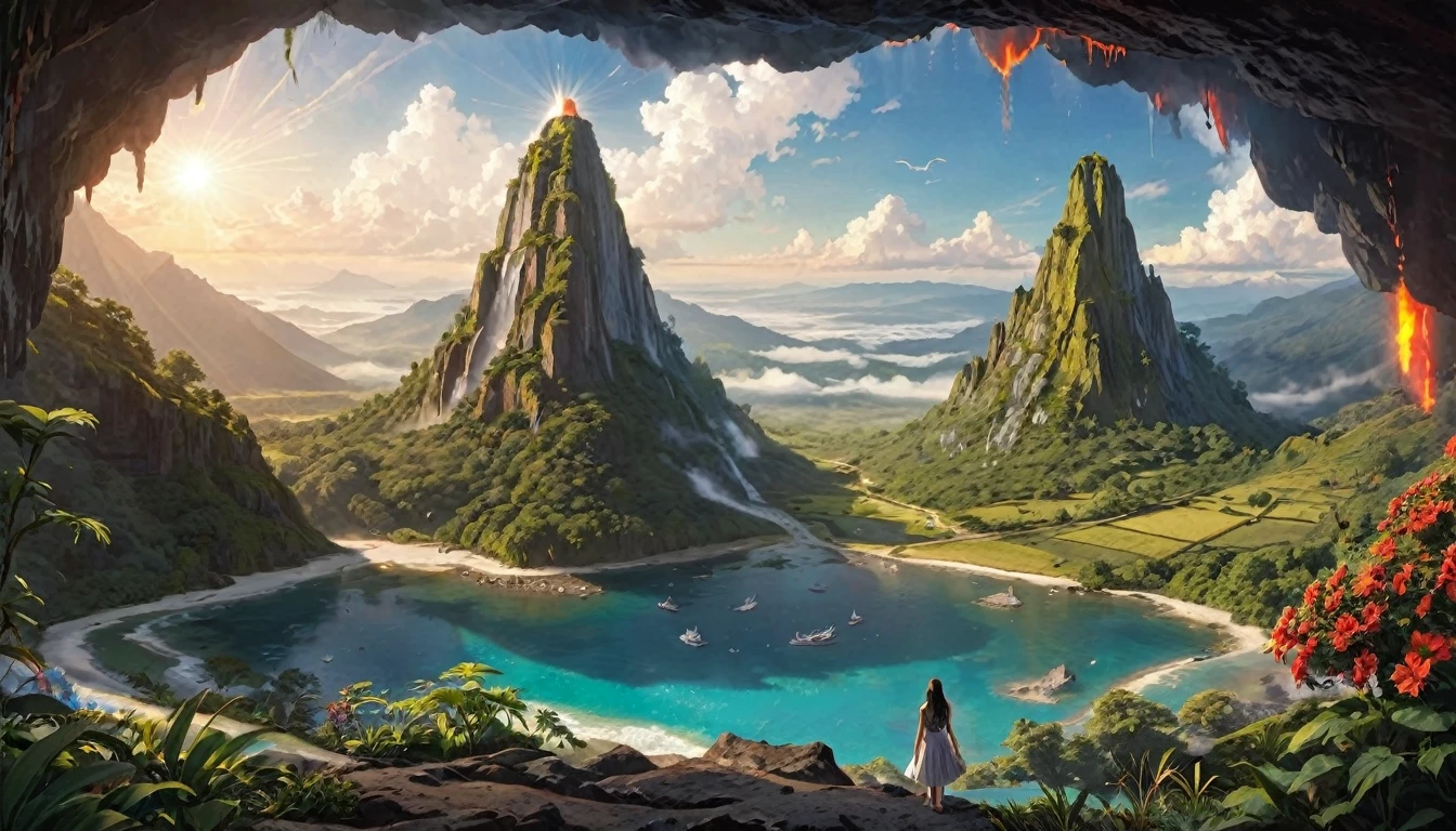 Namaste. Person meditating. Loose Clothes. Beautiful landscape of an enchanted valley, with a volcano. Mystical and dreamlike world. Symbols of nature. Sense of vastness. details Intricate. cinematic lighting