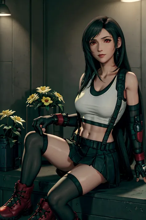 tifa lockhart, final fantasy vii remake, one girl, ankle boots, black hair, black skirt, black knee socks, boots, chest, citysca...