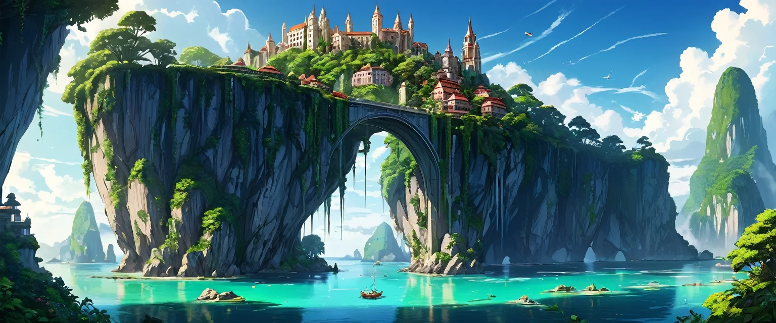 A magical fairy tale city built on the top of three high rocky karst islands, surrounded by open water. The city features elegant, fantastical architecture, perched high on the cliffs, connected by delicate bridges, and surrounded by lush greenery. The islands rise dramatically from the water, creating a mystical scene. The background is a verdant green panoramic vista, filled with rich vegetation and sweeping landscapes. The illustration is rendered in stunning 2D vector style, with extreme detail, intricate realism, and a symmetrical face layout. The entire piece is an award-winning digital masterpiece in 4K Ultra HD, with a surreal and majestic quality, reminiscent of atmospheric, dreamy artwork.
