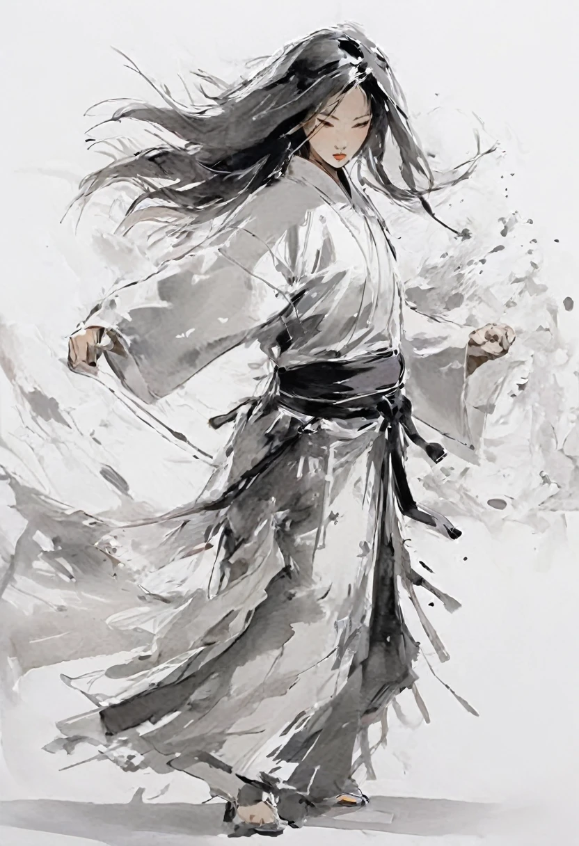 zydink, monochrome, ink sketch, asian (middle age woman), fighting stance, looking at viewer, long hair, floating hair, hanfu, chinese clothes, long sleeves, (abstract ink splash:1.2), white background