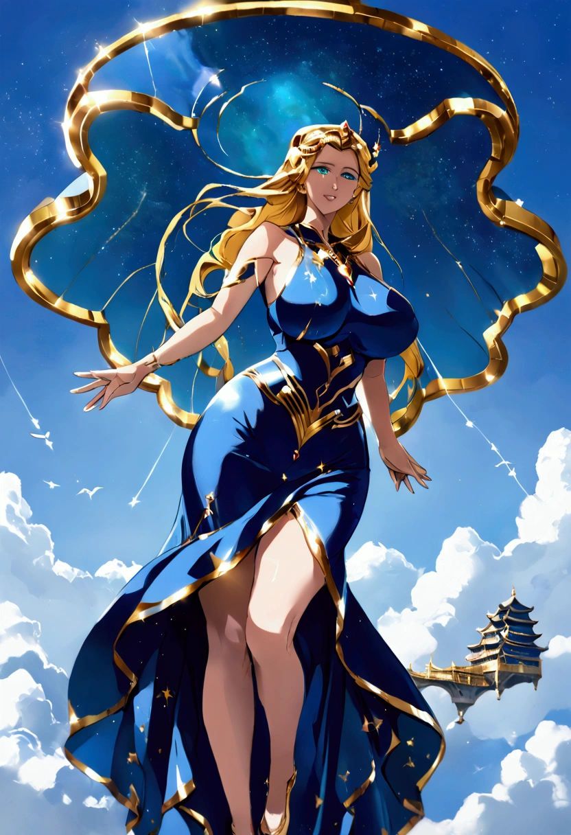 A goddess inside a palace in the sky covered by clouds as she floats through the rooms of the floating palace wearing a blue God dress with gold and red details and having blue eyes and golden hair with elastane with a happy face as she is sending magic all over the surroundings as she flies through the rooms of the palace and she has big breasts and a huge ass and big thighs and huge hips and she has big and giant breasts she has cyan green eyes