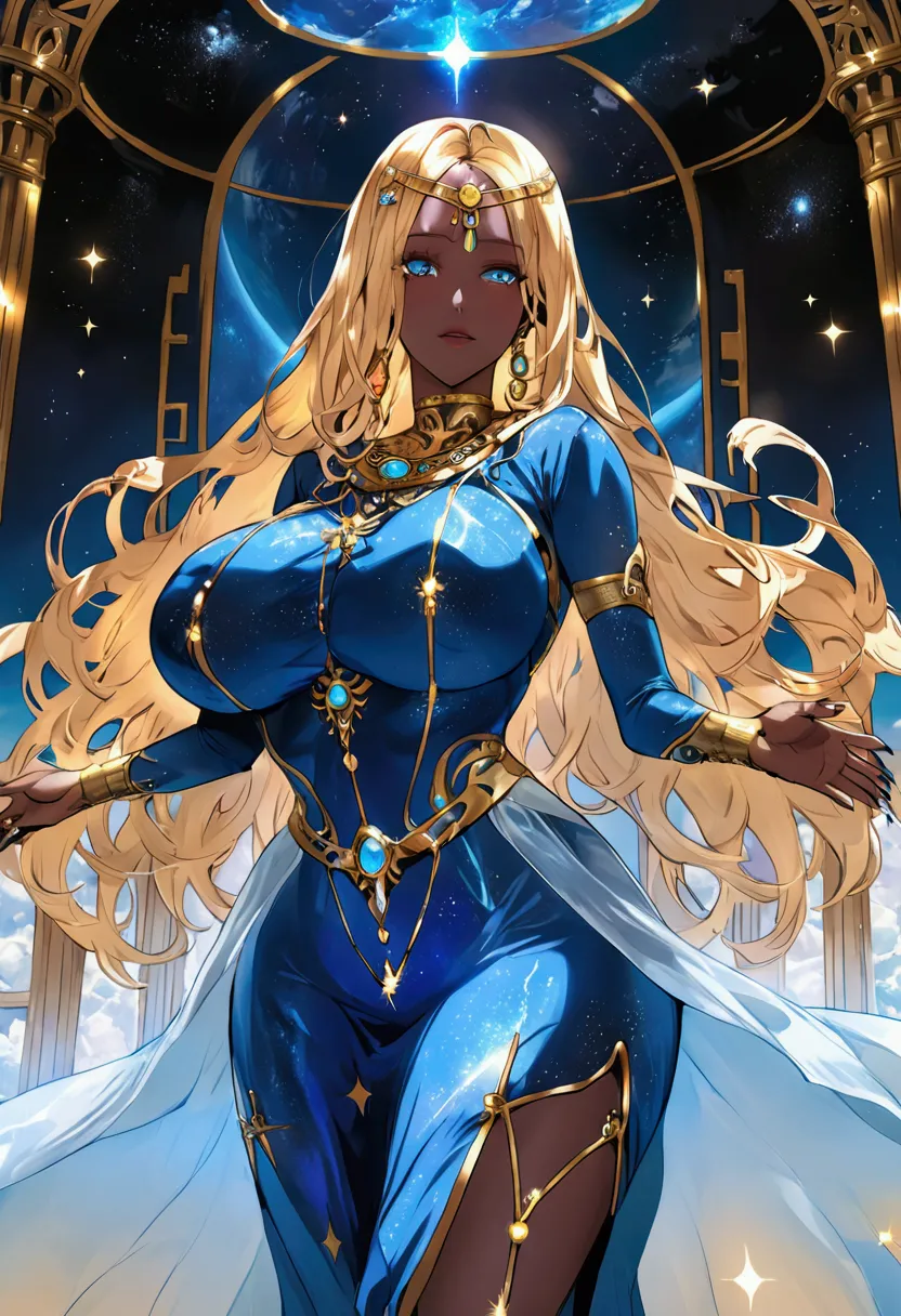 a magical goddess inside a palace in space wearing a blue god dress with some gold and red details with her having long golden h...