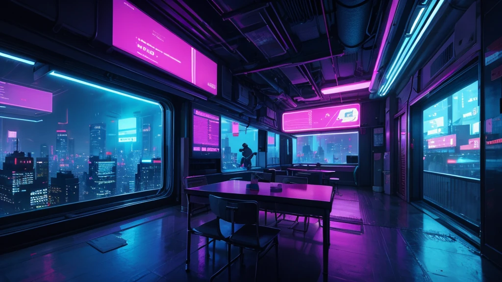 room with window that looks at the neon cyberpunk city