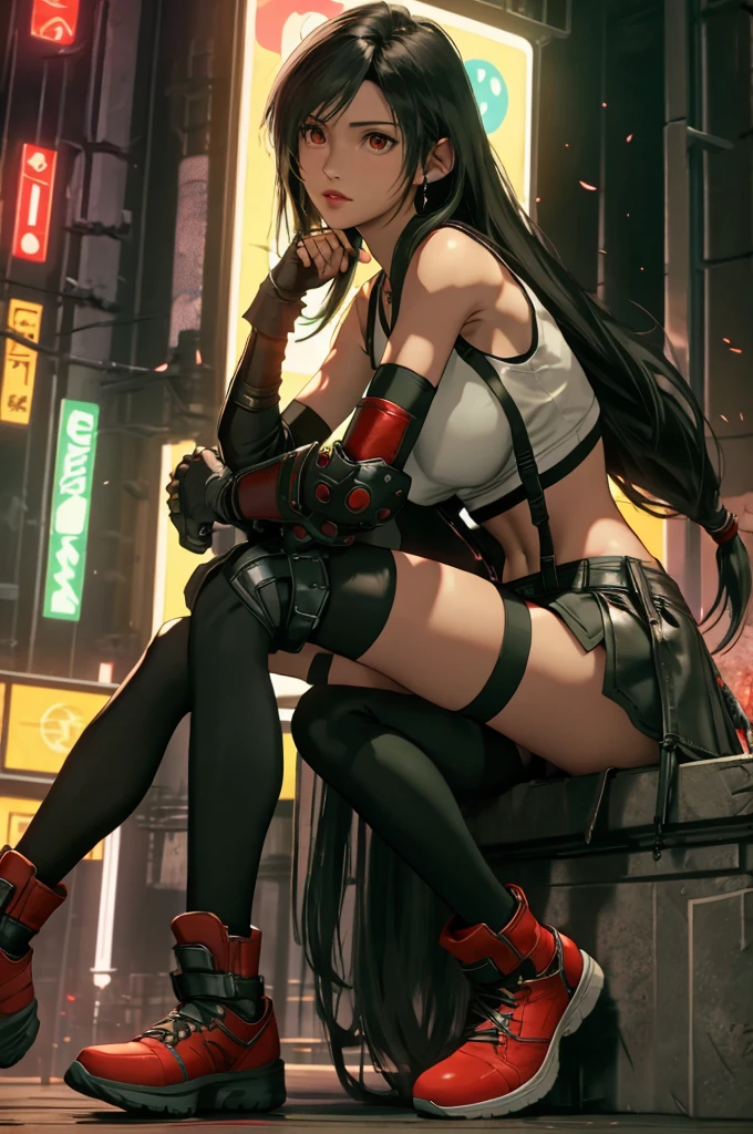 Tifa Lockhart, Final Fantasy VII Remake, ankle boots, Black Hair, black skirt, black Knee socks, boots, Big Breasts, Cityscape, Crop top, elbow gloves, Elbow pads, fingerless gloves, whole body, gloves, Headrest, lips, Long Hair, View your viewers, low-tied Long Hair, , nose, Red eyes, Red footwear,片Elbow pads, Sitting, skirt, alone, Sporting goods, suspender skirt, suspenders, Tank top, Knee socks, white Tank top, Panties,Midgar, Green light, night, Yellow Flower, masterpiece,Highest quality,High resolution,(Accurate human body,Two arms,Two Legs,The correct five fingers),True to prompts,Cinema Lighting,of:bug,Pay attention to the shape of the body,