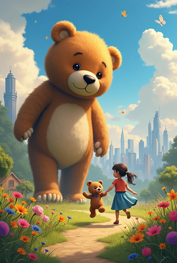 Girl with Teddy Bear Holding Hand Run Across Lawn, Butterflies are flying Sunny day Fluffy and soft Clouds are smiling with gentle eyes, A glade of flowers, Track, Beautiful and Colorful Views, Unusual Flowers and Plants Grow,Fantasy, magic, Cartoon style Pixar, Very detailed, high image quality,