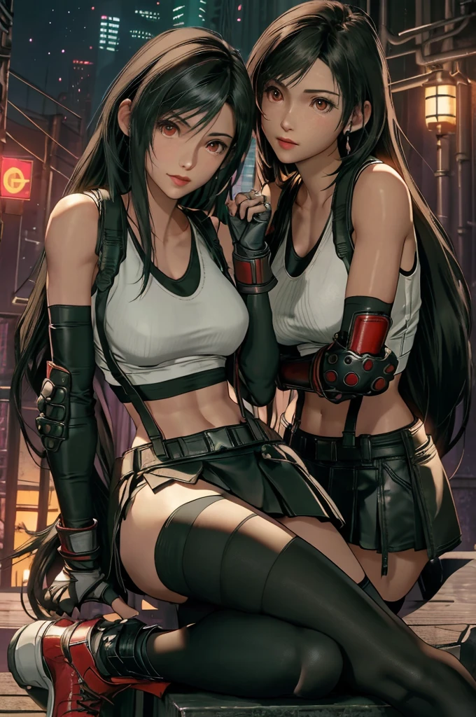 Tifa Lockhart, Final Fantasy VII Remake, ankle boots, Black Hair, black skirt, black Knee socks, boots, Big Breasts, Cityscape, Crop top, elbow gloves, Elbow pads, fingerless gloves, whole body, gloves, Headrest, lips, Long Hair, View your viewers, low-tied Long Hair, , nose, Red eyes, Red footwear,片Elbow pads, Sitting, skirt, alone, Sporting goods, suspender skirt, suspenders, Tank top, Knee socks, white Tank top, Panties,Midgar, Green light, night, Yellow Flower, masterpiece,Highest quality,High resolution,((Accurate human body)),The correct five fingers,True to prompts,Cinema Lighting,