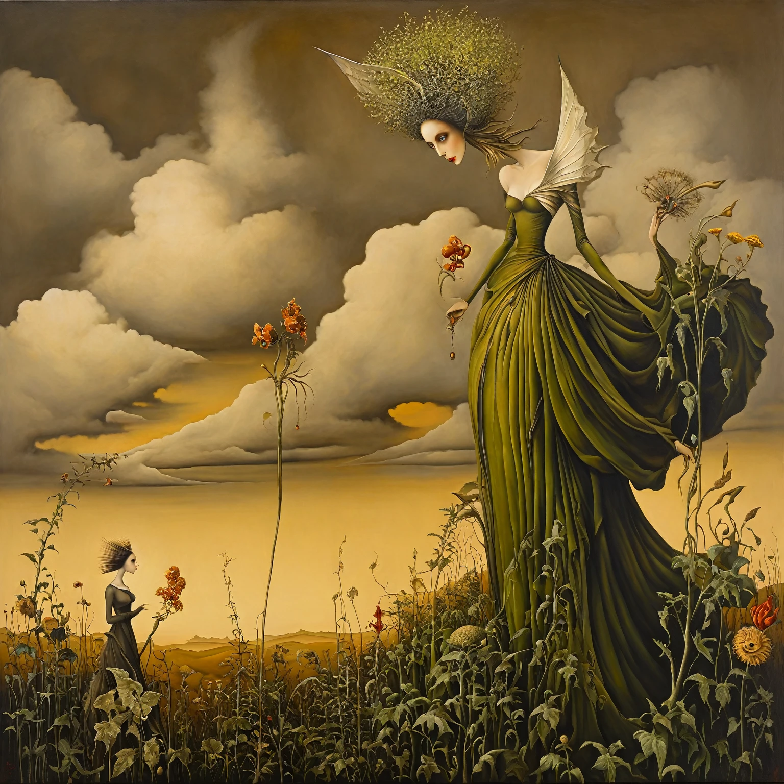 Aesthetic Surrealism painting, fusion of techniques, palette, styles by Esao Andrews, Michael Parkes, Aubrey Beardsley, Leonora Carrington, surreal scene of Mother Nature in a dress of plants. flowers, bright light, aesthetic, beautiful, soft lighting, wide angle lens, fluffy clouds. Aesthetic surrealism, oil painting, golden sepia, green outline of canvas details, whimsical contrast, intricate details, surreal and vivid organic shapes, primary colors, intersecting lines, balanced composition, mysterious atmosphere, enigmatic expression, intricate patterns, surreal elements, oil painting technique, meticulous brushwork, dynamic movement, fusion of styles, masterful execution