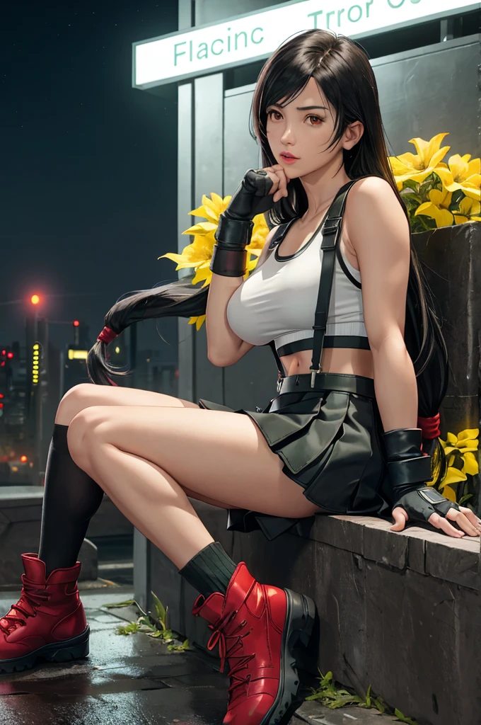 Tifa Lockhart, Final Fantasy VII Remake, Adult pTIFA,ankle boots, Black Hair, black skirt, black Knee socks, boots, Big Breasts, Cityscape, Crop top, elbow gloves, Elbow pads, fingerless gloves, whole body, gloves, Headrest, lips, Long Hair, View your viewers, low-tied Long Hair, , nose, Red eyes, Red footwear,片Elbow pads, Sitting, skirt,Sporting goods, suspender skirt, suspenders, Tank top, Knee socks, white Tank top, Panties,Midgar, Green light, night, Yellow Flower, masterpiece,Highest quality,High resolution,((Accurate human body)),The correct five fingers,True to prompts,Cinema Lighting,