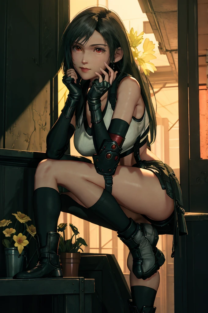 Tifa Lockhart, Final Fantasy VII Remake, Mature Woman,,ankle boots, Black Hair, black skirt, black knee socks, boots, Big Breasts, Cityscape, Crop top, elbow gloves, Elbow pads, fingerless gloves, whole body, gloves, Headrest, lips, Long Hair, View your viewers, low-tied Long Hair, , nose, Red eyes, Panties,Midgar, Green light, night, Yellow Flower, masterpiece,Highest quality,High resolution,((Accurate human body)),The correct five fingers,True to prompts,Cinema Lighting,