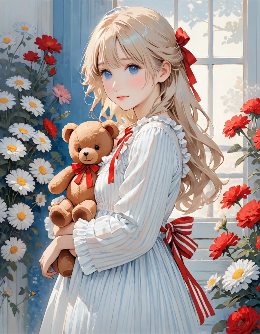 The image depicts a person with long, light-colored hair dressed in a white nightgown adorned with frills and a small red ribbon at the neckline. They are holding a brown teddy bear with a blue and white striped bow. The overall setting appears to be simple and the color palette is soft and light.