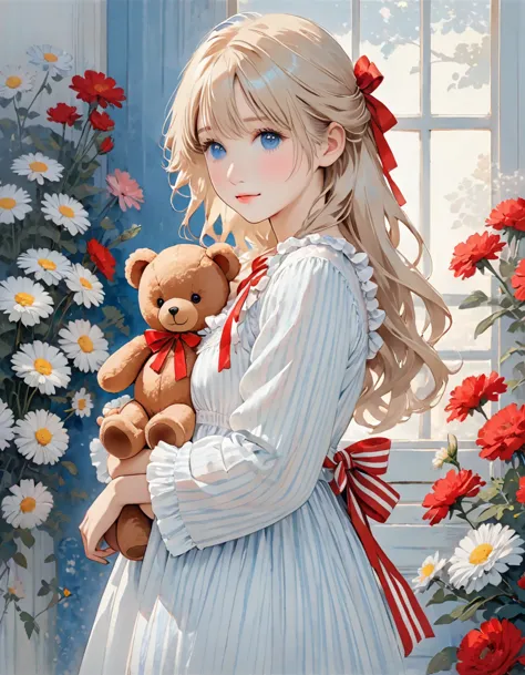 the image depicts a person with long, light-colored hair dressed in a white nightgown adorned with frills and a small red ribbon...