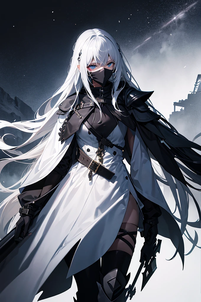 A girl with long white hair with a mask covering her entire face and a black sword on her back walking through a battlefield in the middle of the night facing 