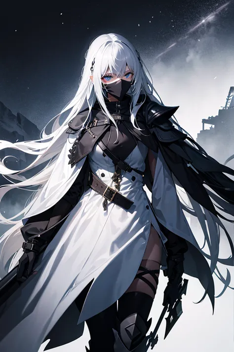 a girl with long white hair with a mask covering her entire face and a black sword on her back walking through a battlefield in ...