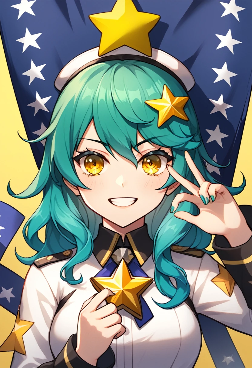 Girl with long dark turquoise hair, yellow eyes, yellow star pin in her head with a flag of Chile on her hand 