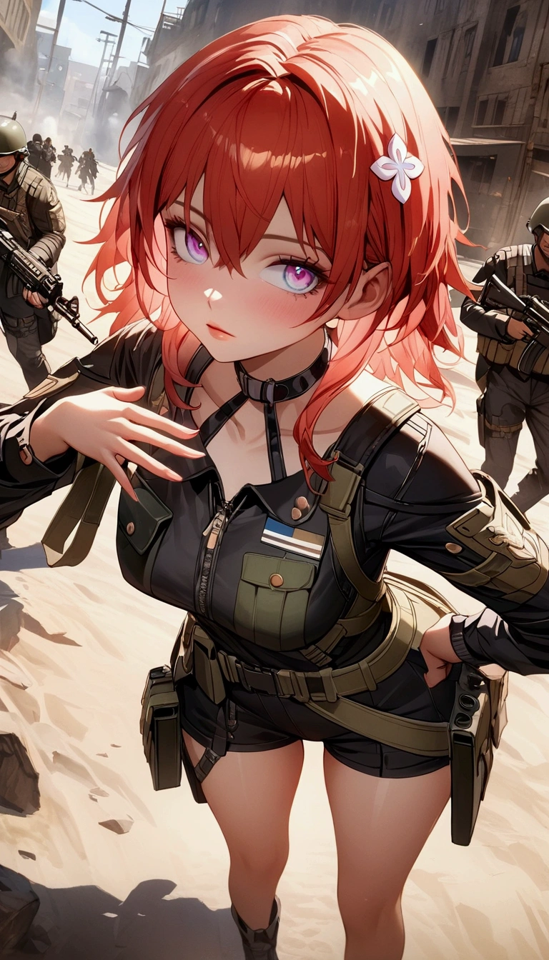 (Masterpiece. The best quality. 8K. Sharp focus. Depth of field. The best shadows. Perfect lighting. HDR. Realistic skin texture. Ultra-detailed background. Detailing). Anime style. Honkai: Star Rail. March 7. Call of duty: Ghost. 1 Girl. Perfect face. Short hair. Fiery red hair. Beautiful eyes. Beautiful eyes. Expressive eyes. Azure blue eyes. Two-tone eyes. Pale pink eyes. Eyes with vertical pupils. Beautiful nose. Thin lips. Pale pink lips. Perfect anatomical body. Slender figure. Second size breasts. Thin waist. Rounded hips. Graceful eyes, beautiful hands. Delicate fingers, long fingers. Beautiful legs, slender legs, long legs. American special forces military uniform. Soldier's helmet on his head. Body armor.  Magazine pouches. AKM in hands. Aiming with AKM. Battlefield. Walking across the battlefield, aiming with AKM. Full height. Full body.