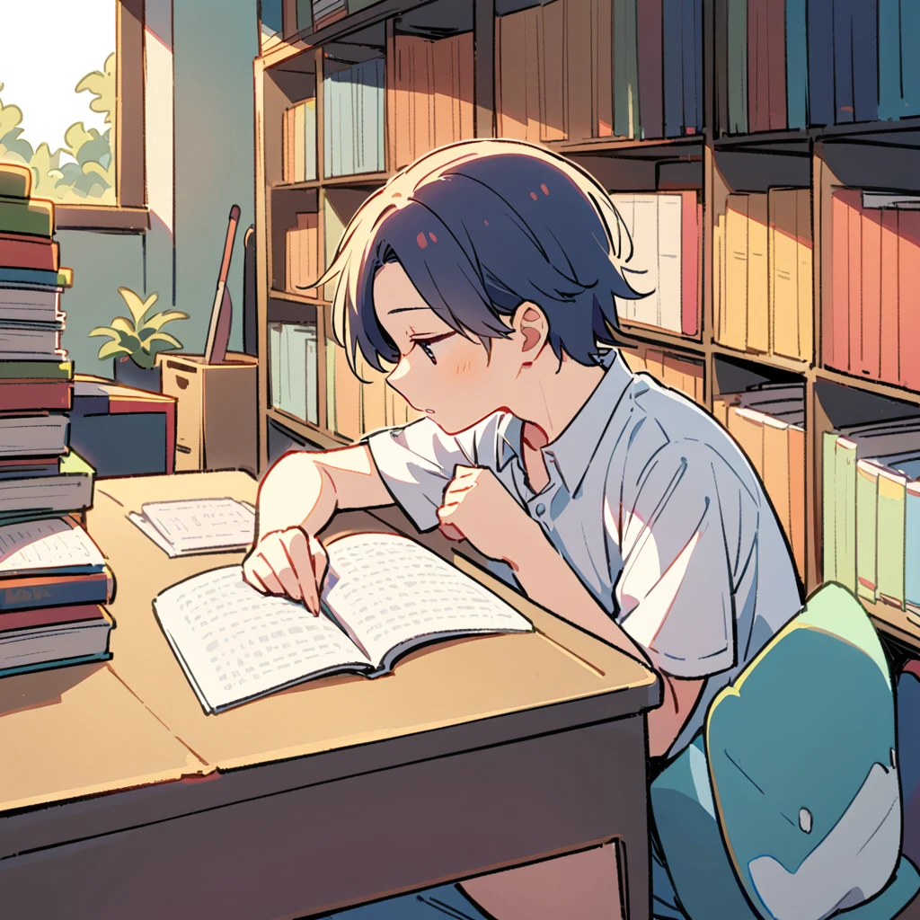 A man studying、library、