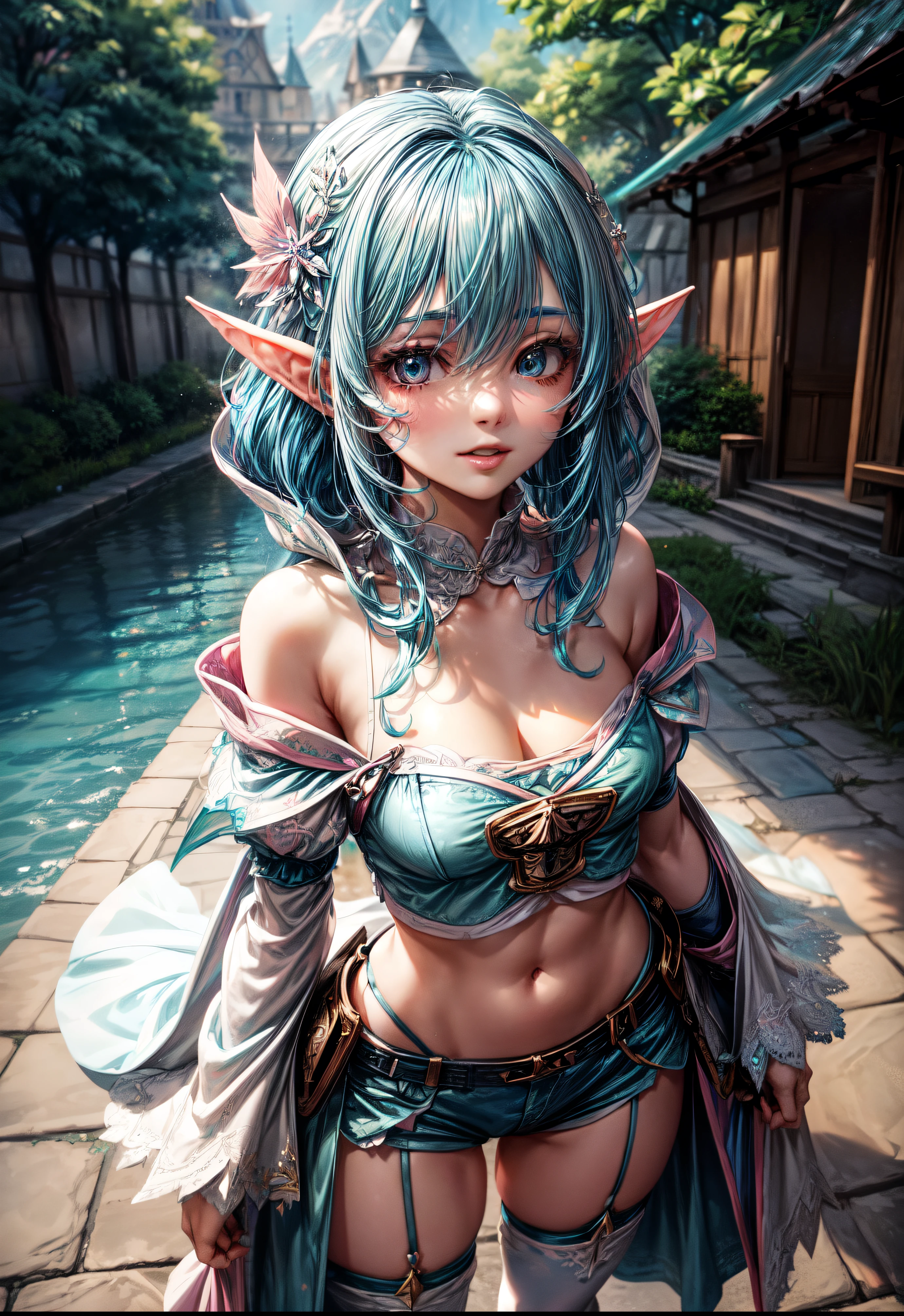 standing alone，absurd resolution、high resolution、(Masterpiece artwork:1.4)、ultra detali、(finger detailed),(An Elven Woman)、beautiful detailed women、adult lady,kind smile,A detailed face、clear and beautiful, Character as main point of view, Radiant skin, gals, Women, Youngh, (blue pink hair)、,(Medium aquamarine hair:1.6),(usual hair、short-cut)、(blue pink hair:1.6),kawaii、beautiful countenance、beautiful eyes,((burglar))、fantasy outfit,Original character,、((burglar)),(white robe:1.3),((Costumes of medieval Europe)),,(Colossal tits:0.7), (top cut:1.5), (Holter shoulder:1.3),(Short pants:1.3),(cape:1.3),(facing:1.2),(full - length portrait),(standing:1.3),(shoes),simple background、((white background))