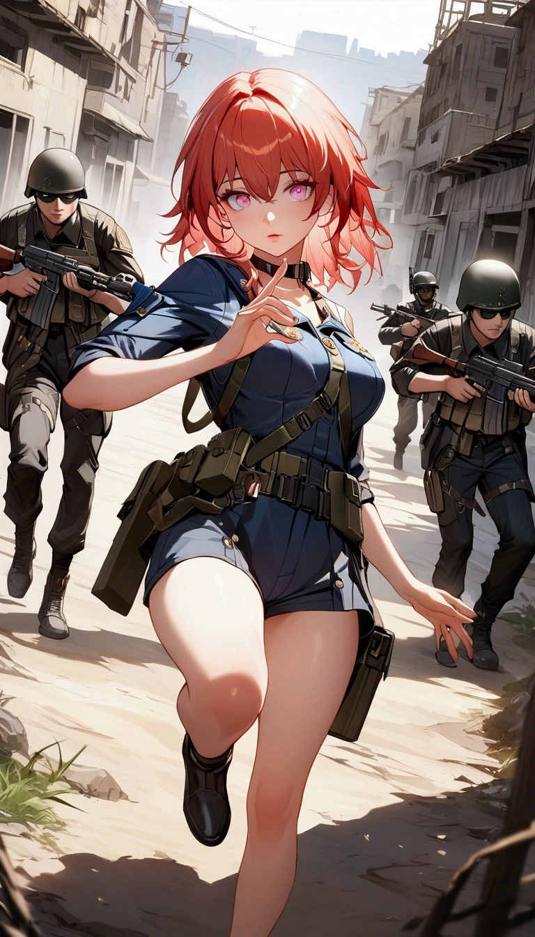 (Masterpiece. The best quality. 8K. Sharp focus. Depth of field. The best shadows. Perfect lighting. HDR. Realistic skin texture. Ultra-detailed background. Detailing). Anime style. Honkai: Star Rail. March 7. Call of duty: Ghost. 1 Girl. Perfect face. Short hair. Fiery red hair. Beautiful eyes. Beautiful eyes. Expressive eyes. Azure blue eyes. Two-tone eyes. Pale pink eyes. Eyes with vertical pupils. Beautiful nose. Thin lips. Pale pink lips. Perfect anatomical body. Slender figure. Second size breasts. Thin waist. Rounded hips. Graceful eyes, beautiful hands. Delicate fingers, long fingers. Beautiful legs, slender legs, long legs. American special forces military uniform. Soldier's helmet on his head. Body armor.  Magazine pouches. AKM in hands. Aiming with AKM. Battlefield. Walking across the battlefield, aiming with AKM. Full height. Full body.